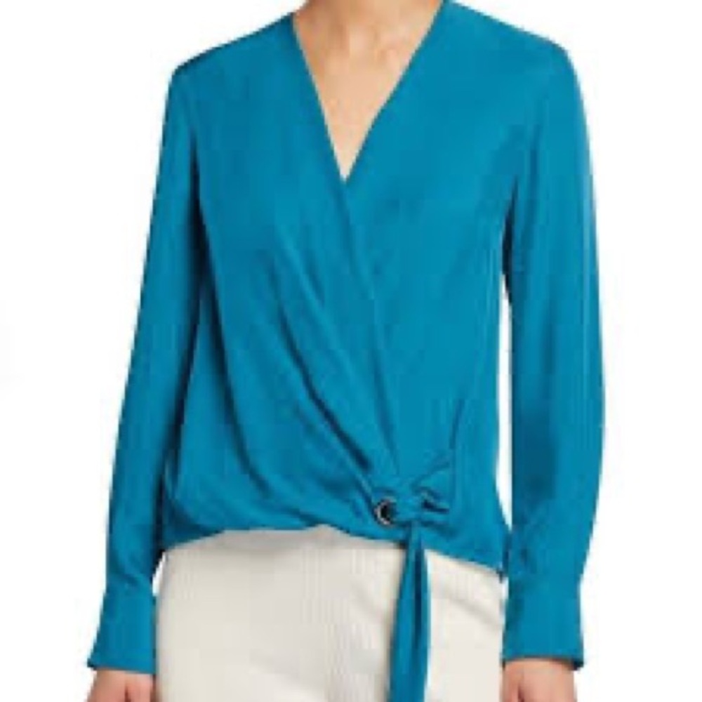 Rag and Bone Felix Popover Blouse Womens Medium Faux Wrap Blue Silky Tie NWT